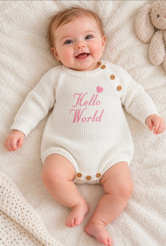 Baby Girls White Long sleeved Knitted Romper With Pink Hello World
