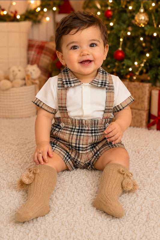 Baby Boys Beige Tartan Dunagree Short Set With Matching Tartan Collar Shirt