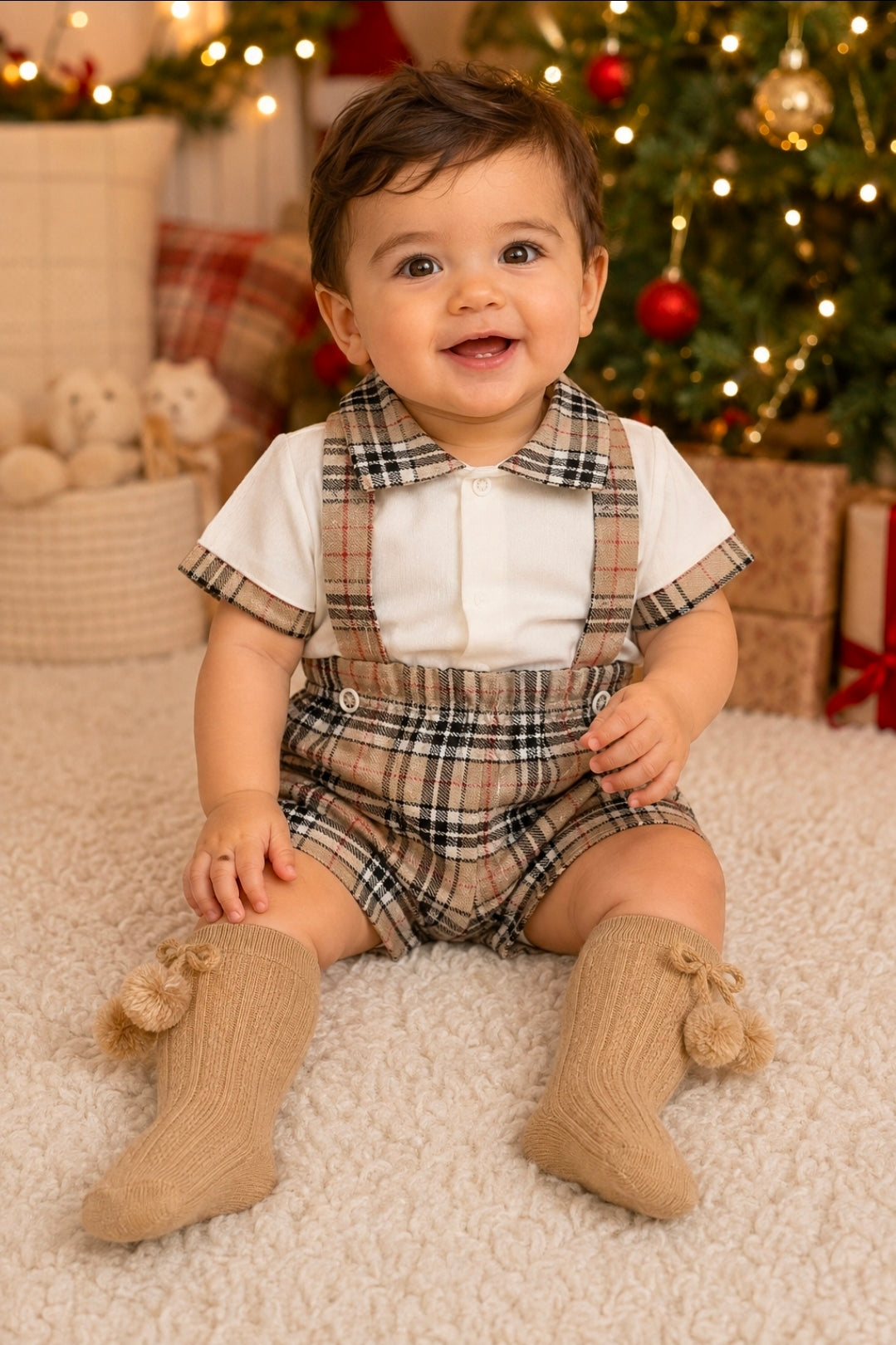 Baby Boys Tartan Dunagree Short Set With Matching Tartan Collar Shirt