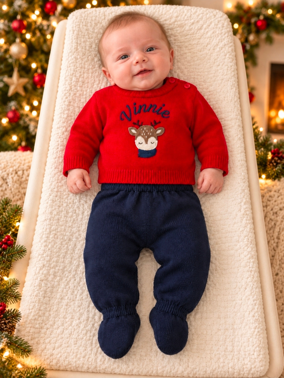 Unisex Baby Personalised Red And Navy Reindeer 2 Piece Set