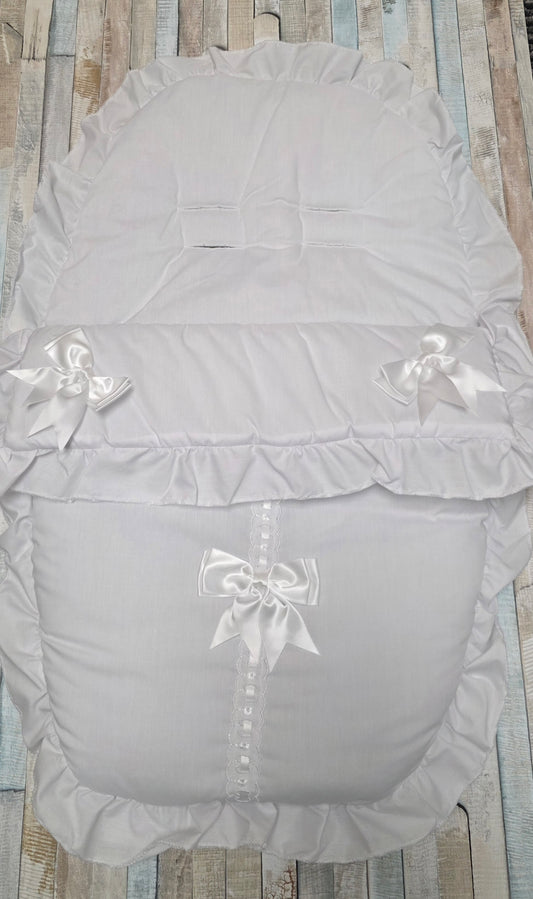 Unisex White 3 Satin Bow 5 Point Harness Car Seat Footmuff