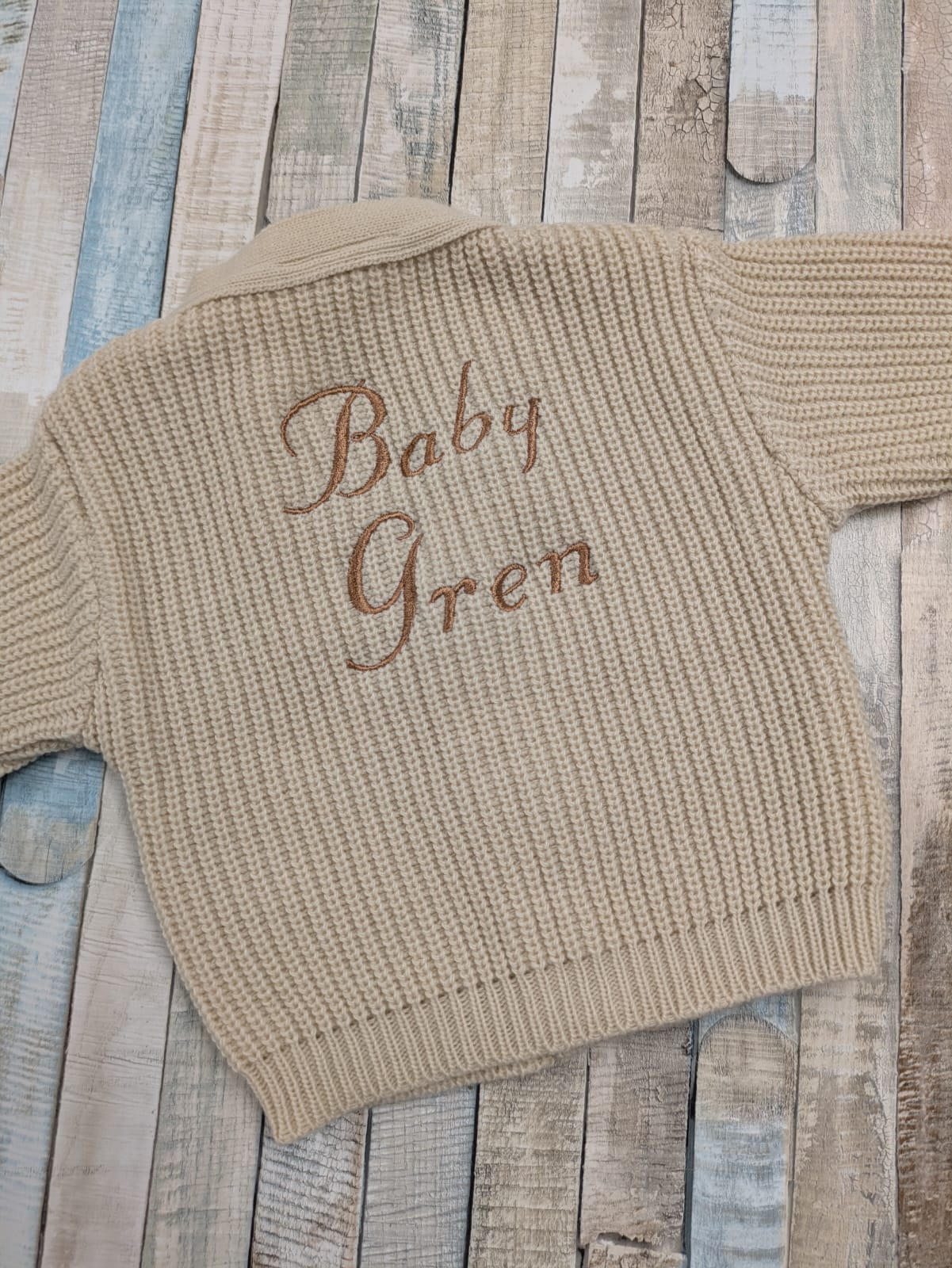 Unisex Baby Beige Personalised Baby And Name V Neck Ribbed Cardigan
