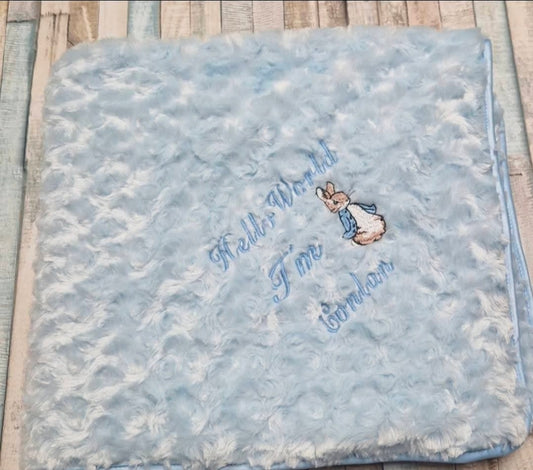 Personalised Hello World Blue Soft Rose Blanket/Wrap With Embroidered Blue Rabbit Design