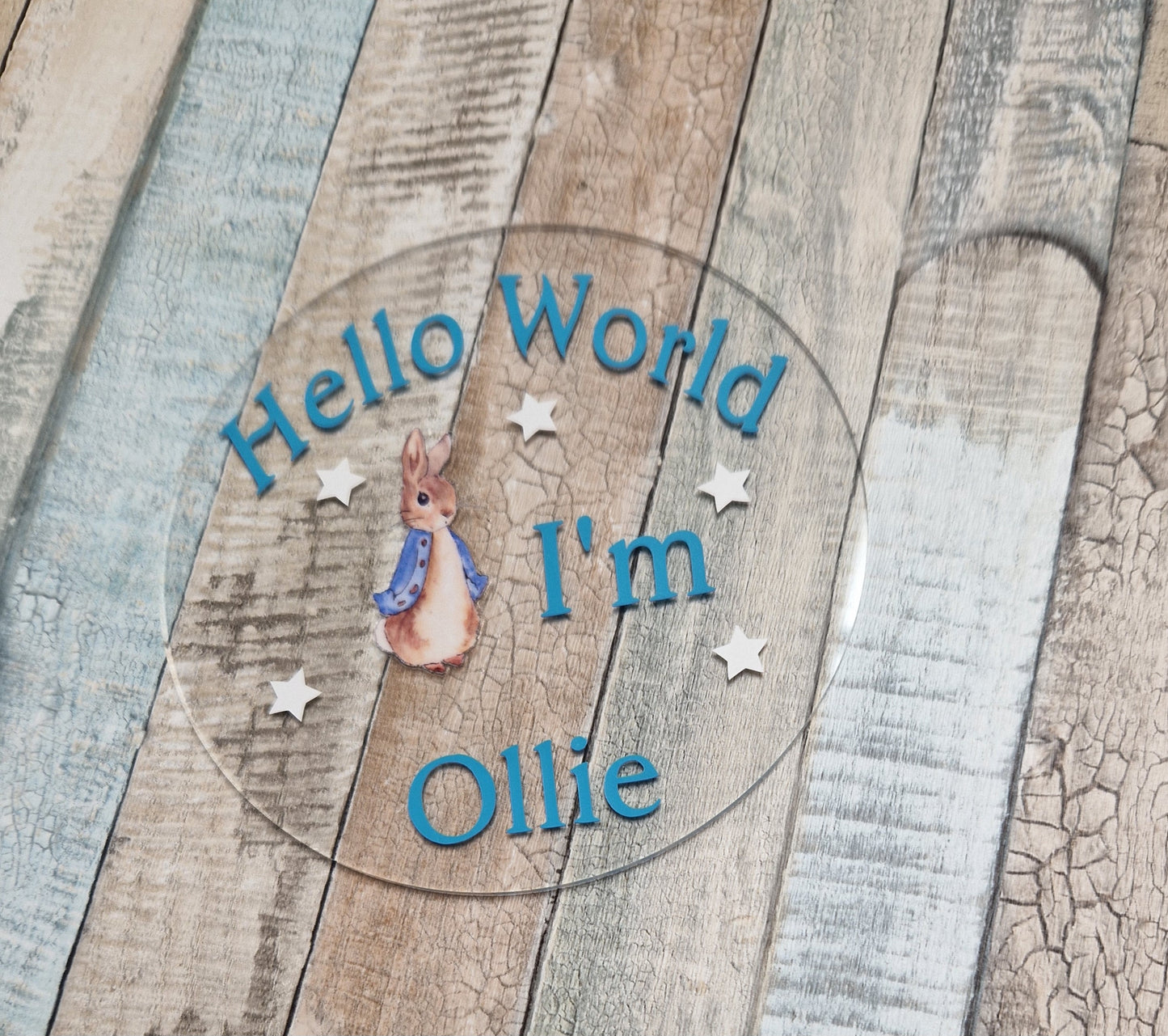 Personalised Clear Blue Rabbit Hello World Announcement Disc