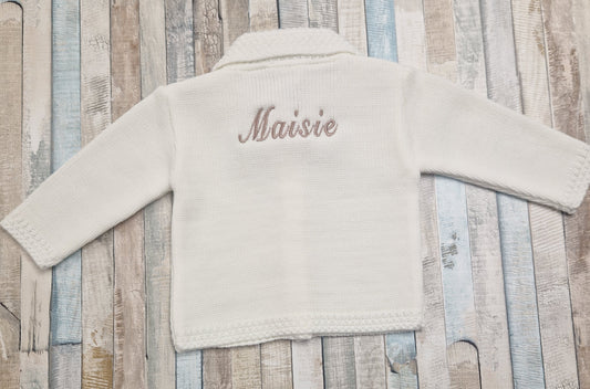 Personalised Unisex White Baby Cardigan With Collar