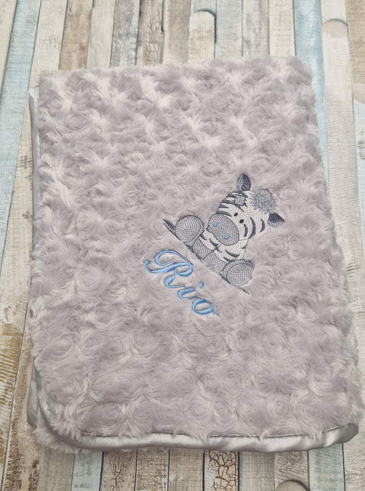 Baby Boys Personalised Blue Ziggy Zebra On Grey Soft Rose Wrap