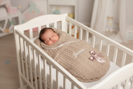 Personalised Unisex Baby Beige New Cable Style Swaddle With Satin Bow