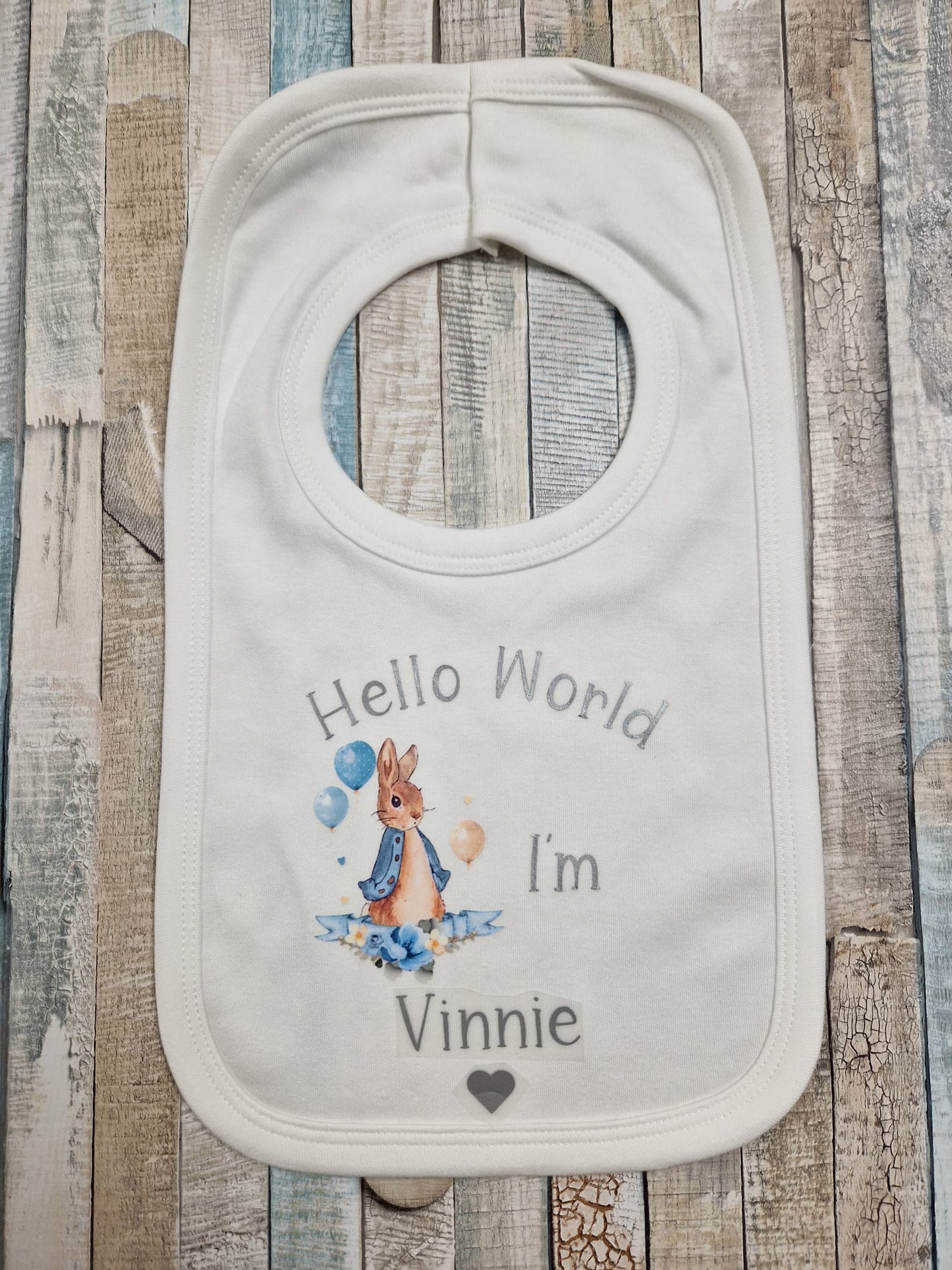 Baby Boys Personalised Hello World I'm Printed Blue Rabbit Bib