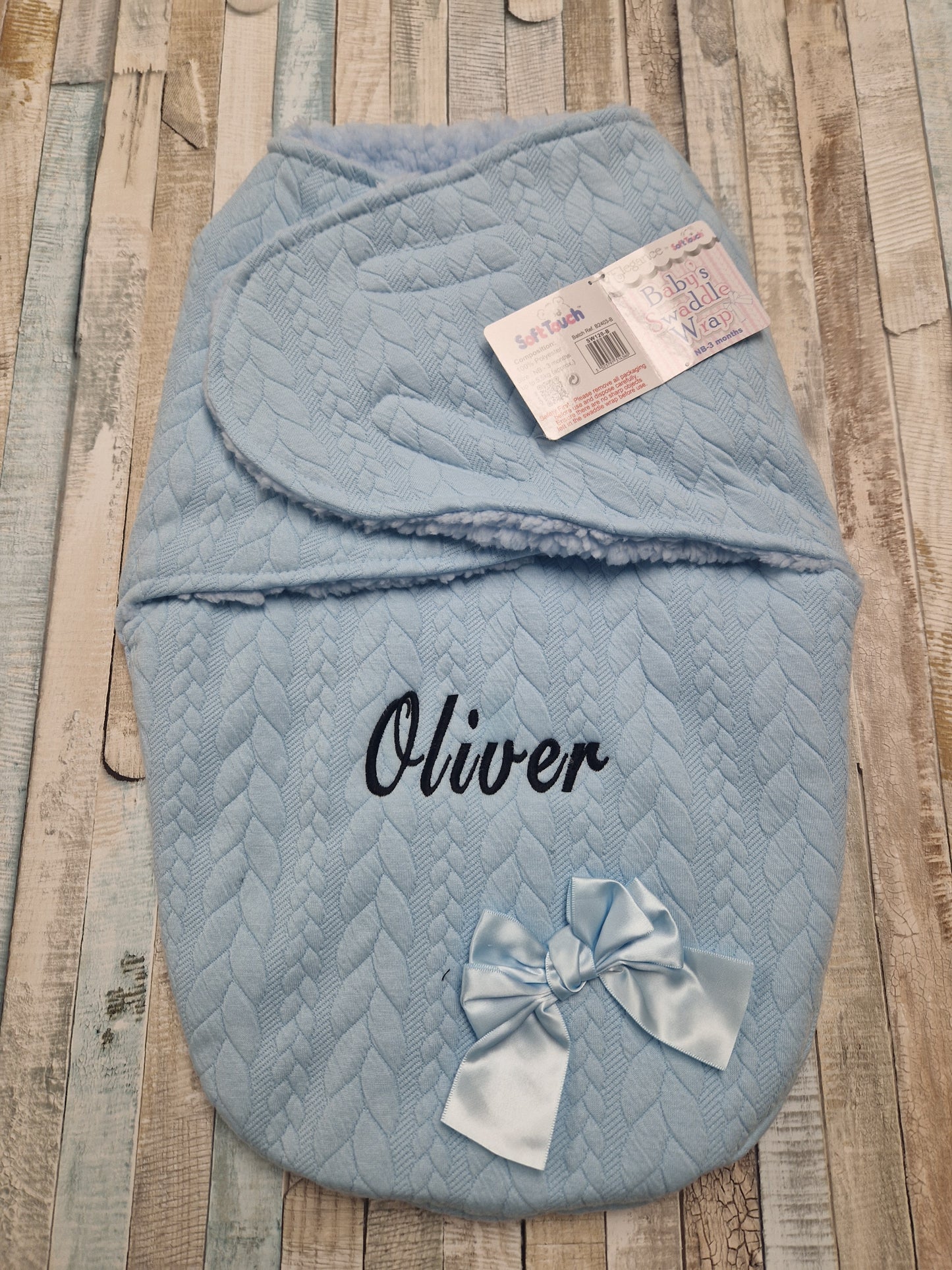 Personalised Baby Blue Knitted Cable Design Swaddle Wrap