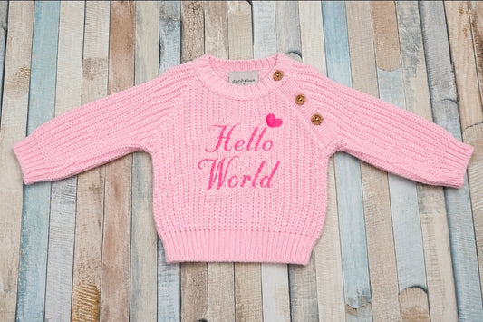 Baby Girls Pink Hello World Chunky Knit Jumper