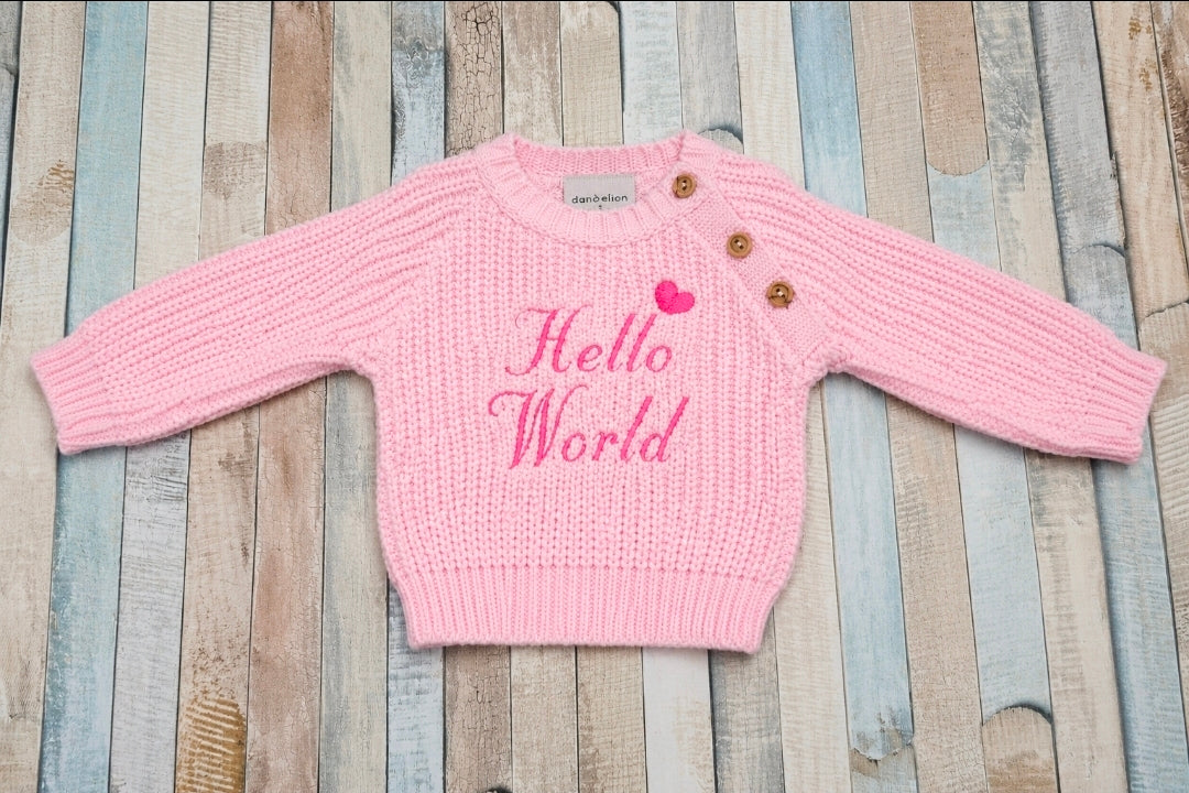 Baby Girls Pink Hello World Chunky Knit Jumper
