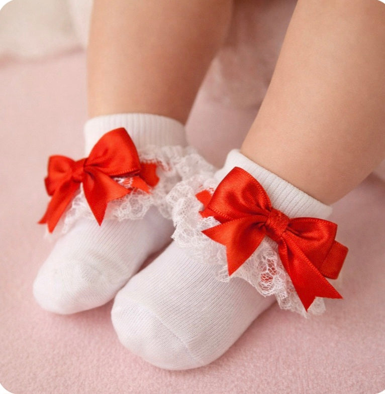 Baby Girls White And Red Lace Frilly Socks