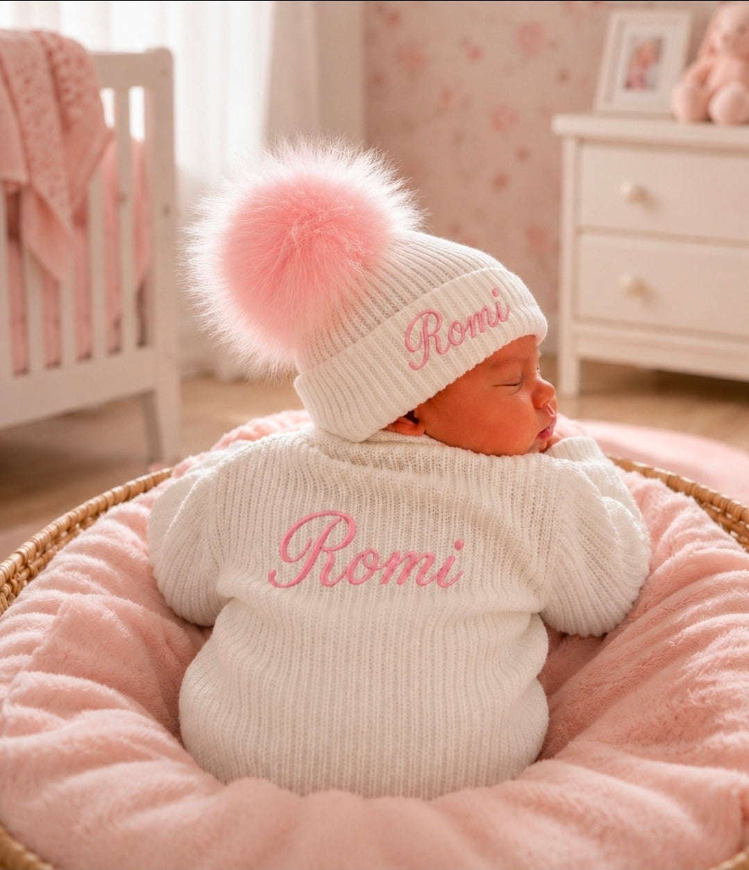 Personalised Baby White Knitted Single Pink Fluffy Faux Fur Pom Hat