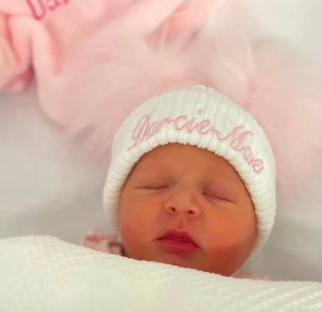 Personalised Baby White Knitted Double Pink Fluffy Faux Fur Pom Hat