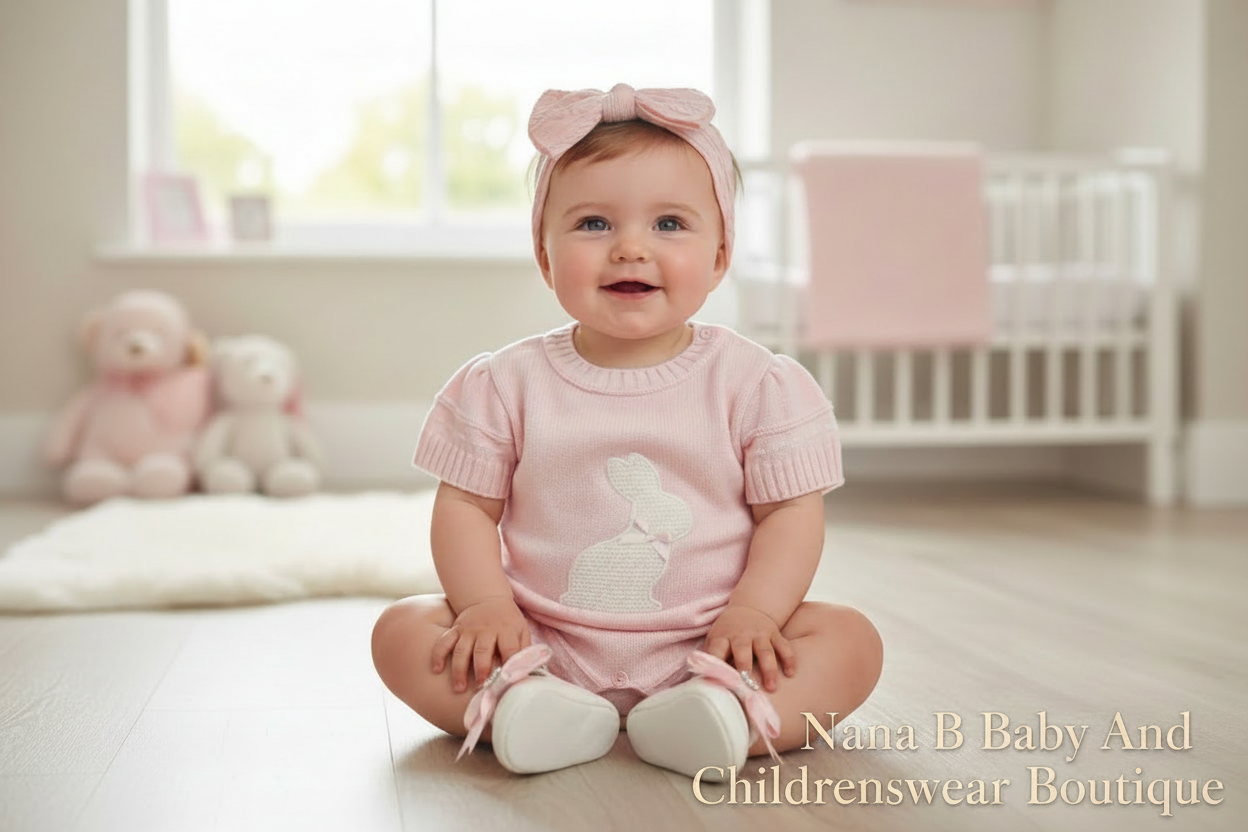 Baby Girls Pink And White Knitted Rabbit Romper