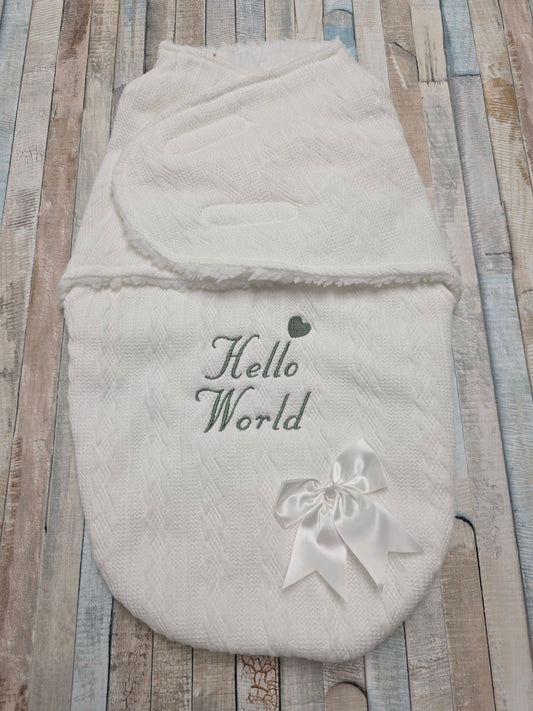 White Cable Design Swaddle With Hello World In Sage Green Embroidery