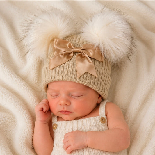 Baby Girls Beige And Gold  Bow And Fluffy Double Pom Hat
