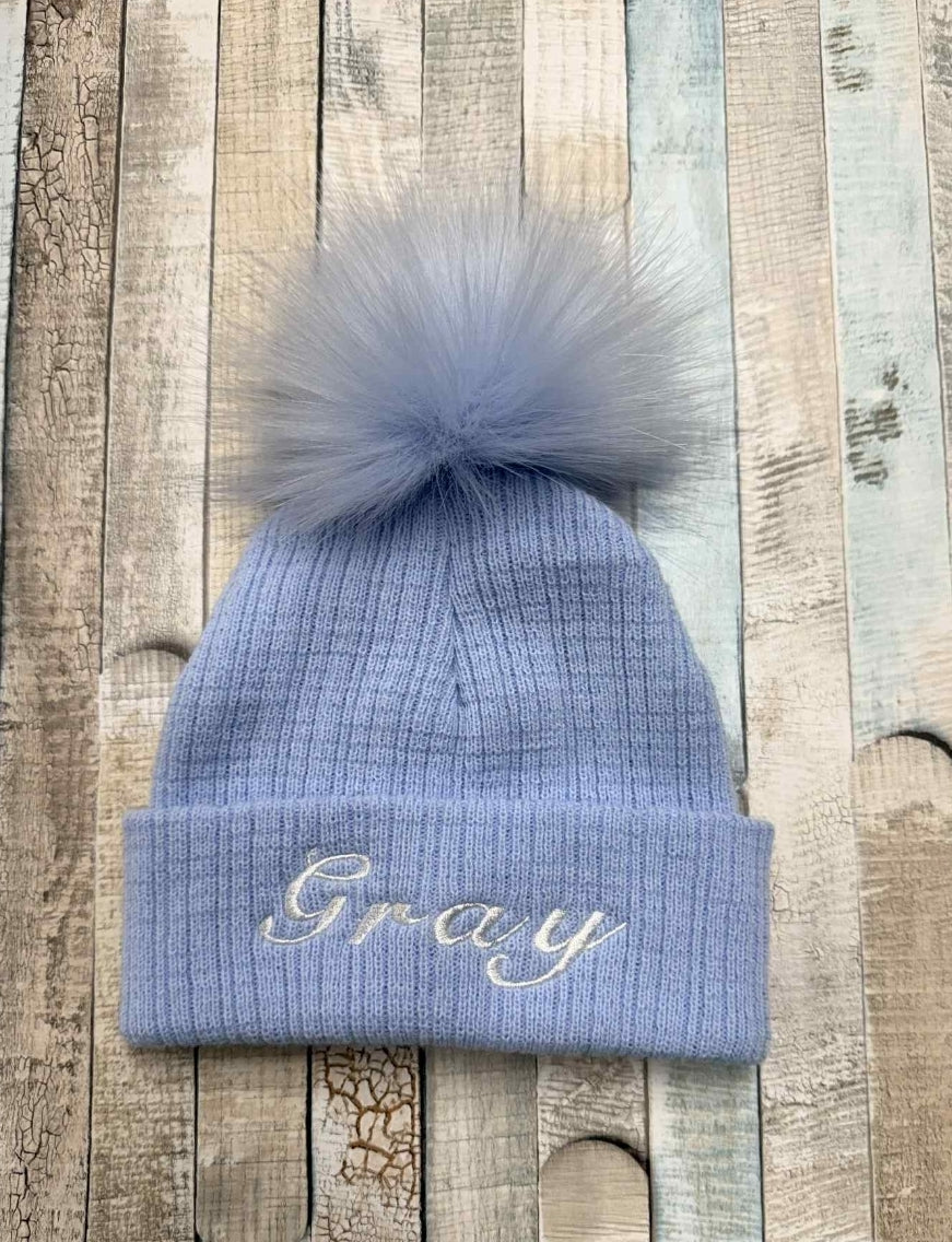 Personalised Baby Blue Knitted Single Blue Fluffy Faux Fur Pom Hat