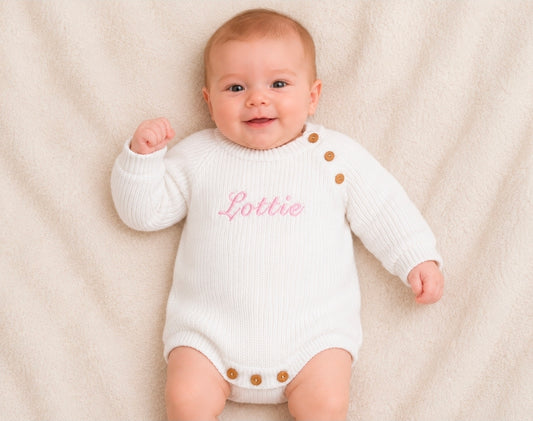 Personalised Unisex Baby White Knitted Long Sleeved Romper