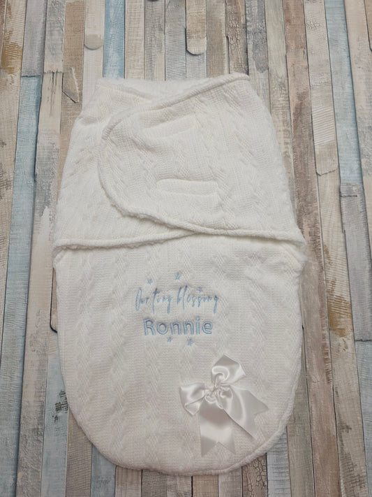 Our Tiny Blessing Personalised Baby White Cable Design Swaddle