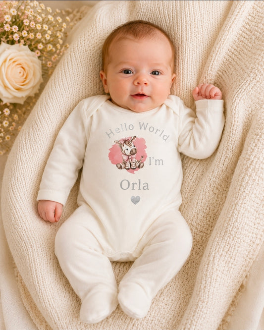 Personalised Hello World I'm Baby Girls Printed Pink Ziggy Zebra Newborn White Babygro
