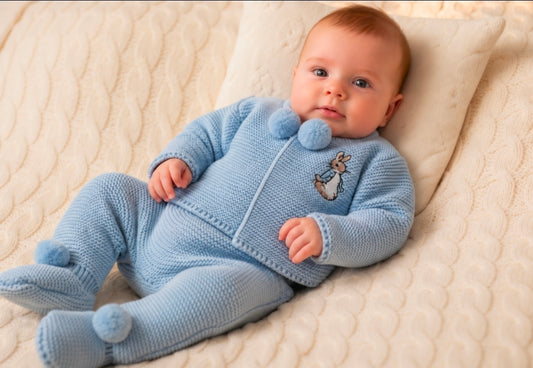 Baby Boys Blue Knitted 2 Piece Pom Pom Set With Embroidered Rabbit Design