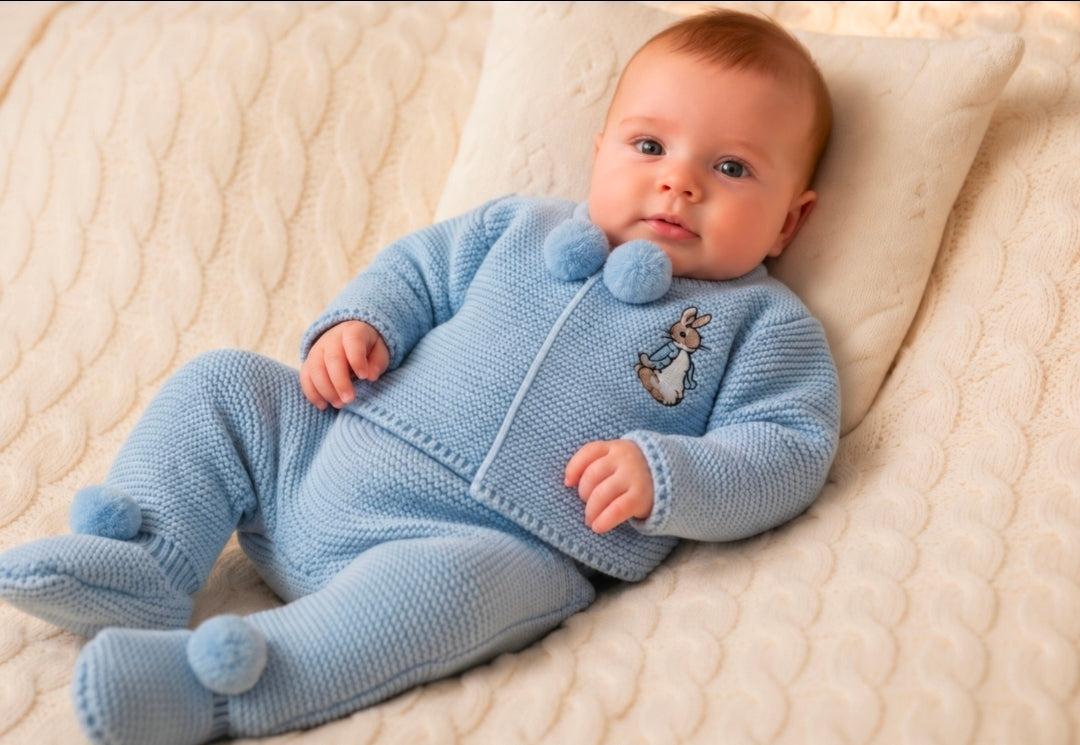 Baby Boys Blue Knitted 2 Piece Pom Pom Set With Embroidered Rabbit Design