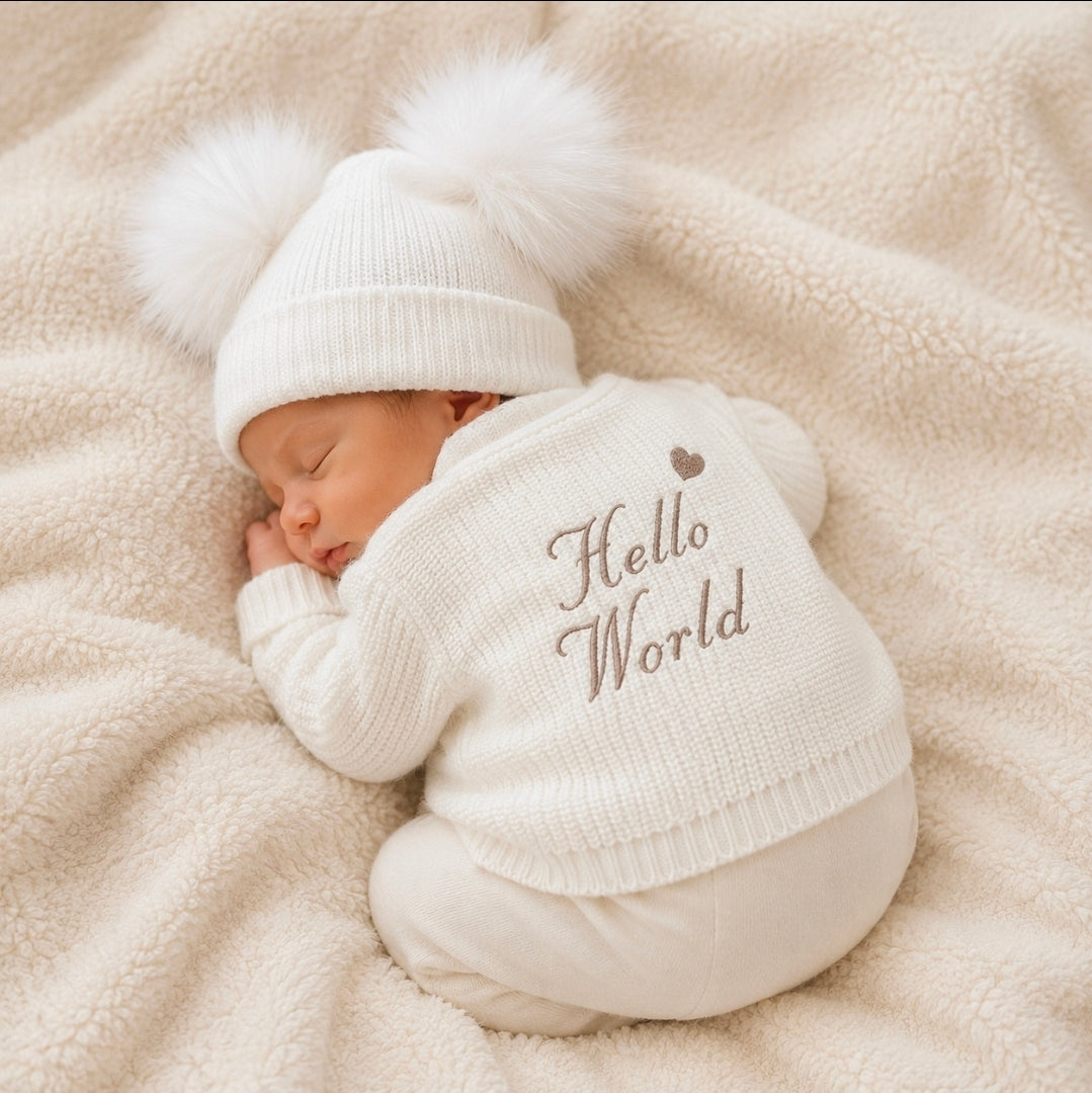 Nana B White Hello World Ribbed Cardigan