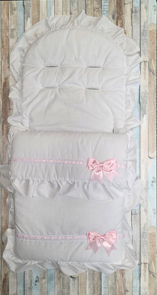 Baby Girls White Frill Universal Pushchair Footmuff/ Cosytoes With Pink Satin Side Bow