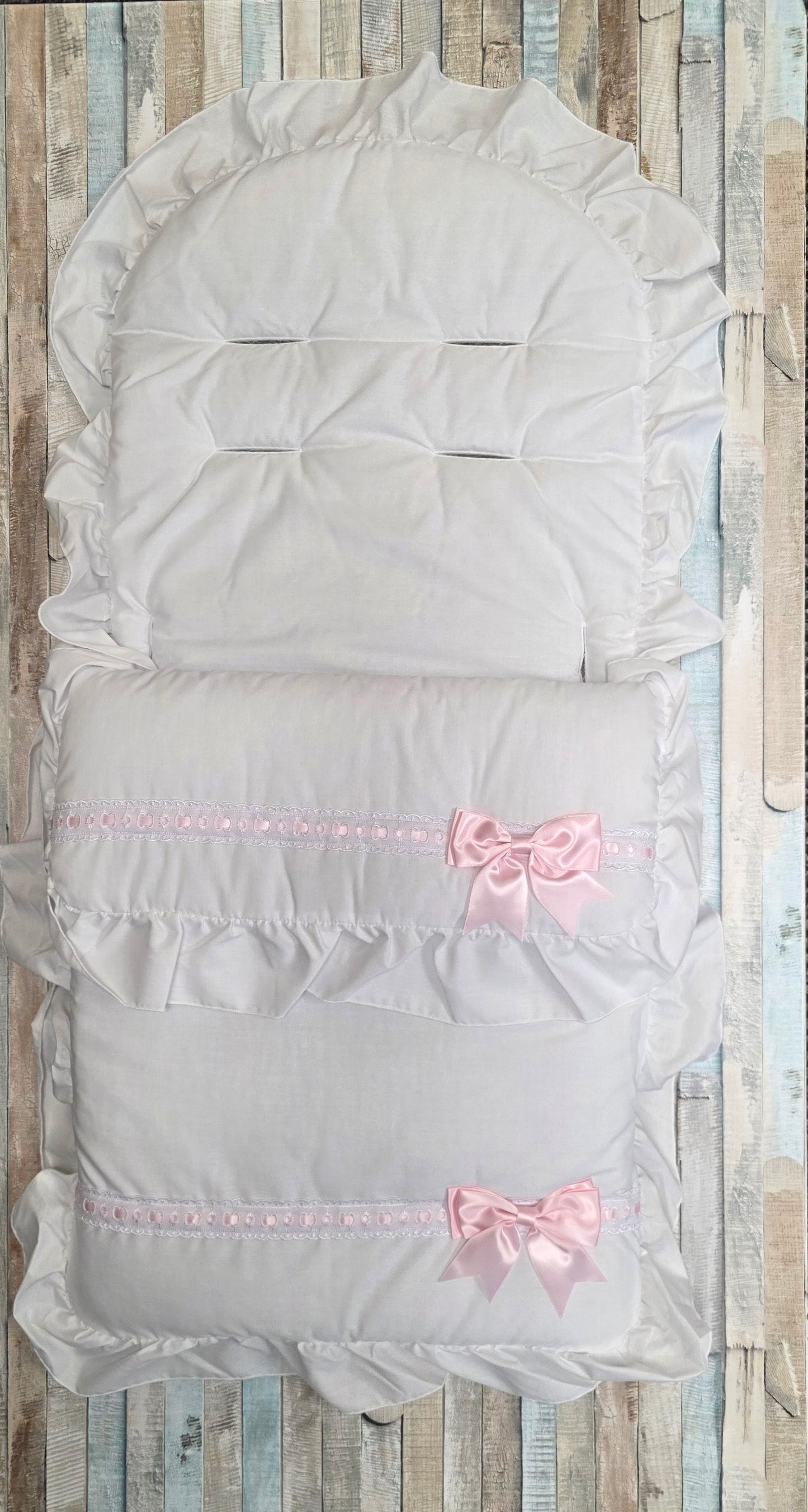 Baby Girls White Frill Universal Pushchair Footmuff/ Cosytoes With Pink Satin Side Bow