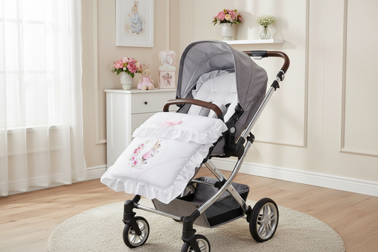 Baby Girls White Universal Pushchair Footmuff/Cosytoes With Pink Printed Rabbit