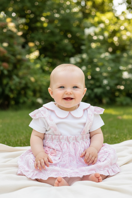 Baby Girls Pink And White Jacquard 2 Pieces Skirt Set with Bows
