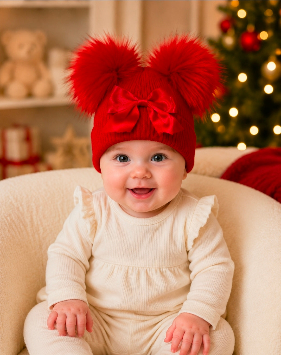 Baby Girls Red Satin Bow And Fluffy Double Pom Hat