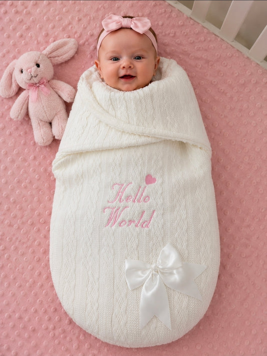 White Cable Design Swaddle With Hello World In Pink Embroidery