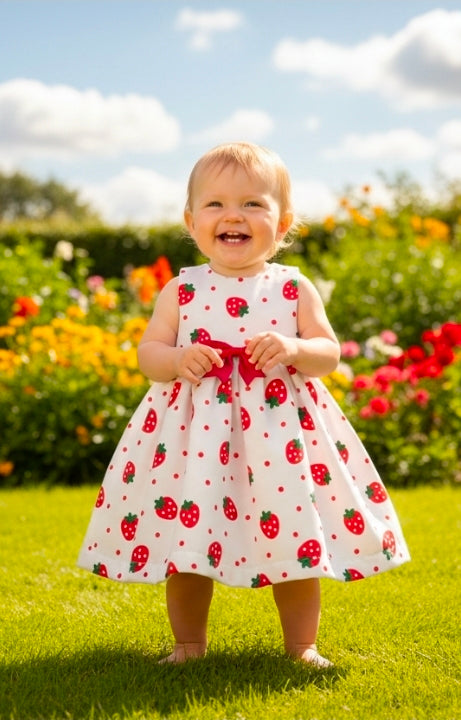 Baby Girls Sleeveless White Cotton Strawberry Dress