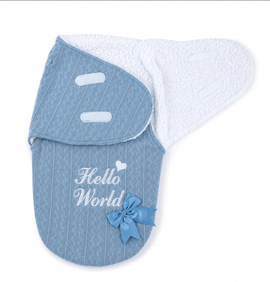 Baby Boys Dusky Blue Cable Design Hello World Swaddle