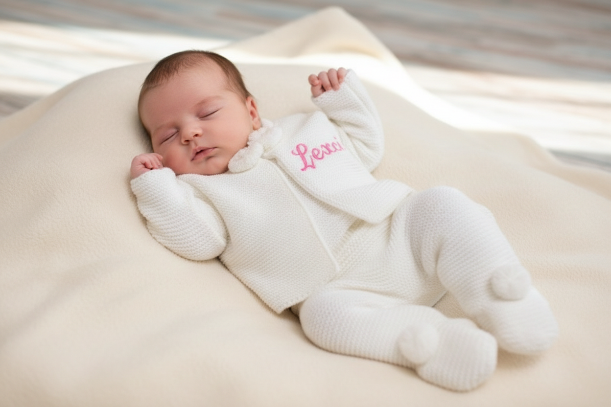 Personalised Unisex Baby White Knitted Pom Pom Set