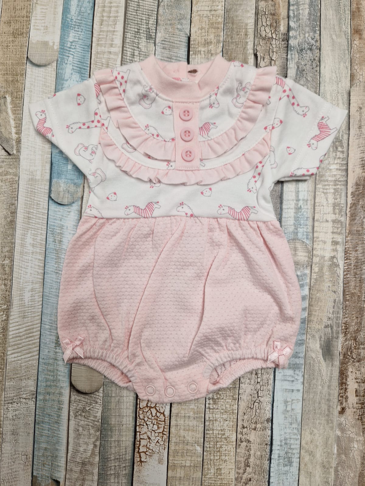 Premature Baby Girls Pink And White Safari Romper with Lace