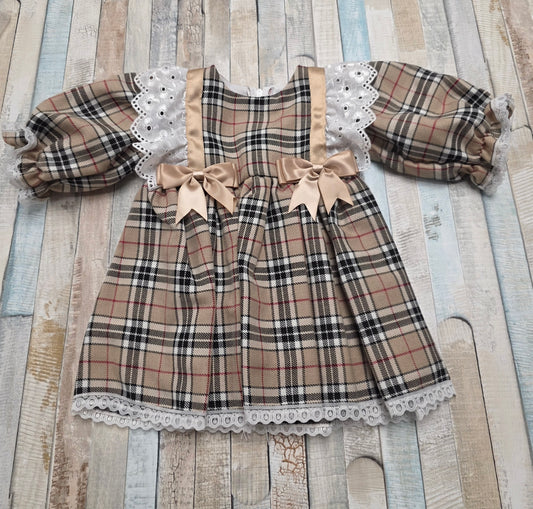 Baby Girls Beige Tartan Long Sleeved Dress 2 Beige Bows