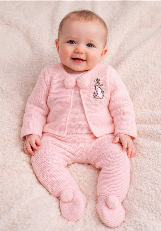 Baby Girls Pink Knitted Pom Pom Set With Embroidered Rabbit Design