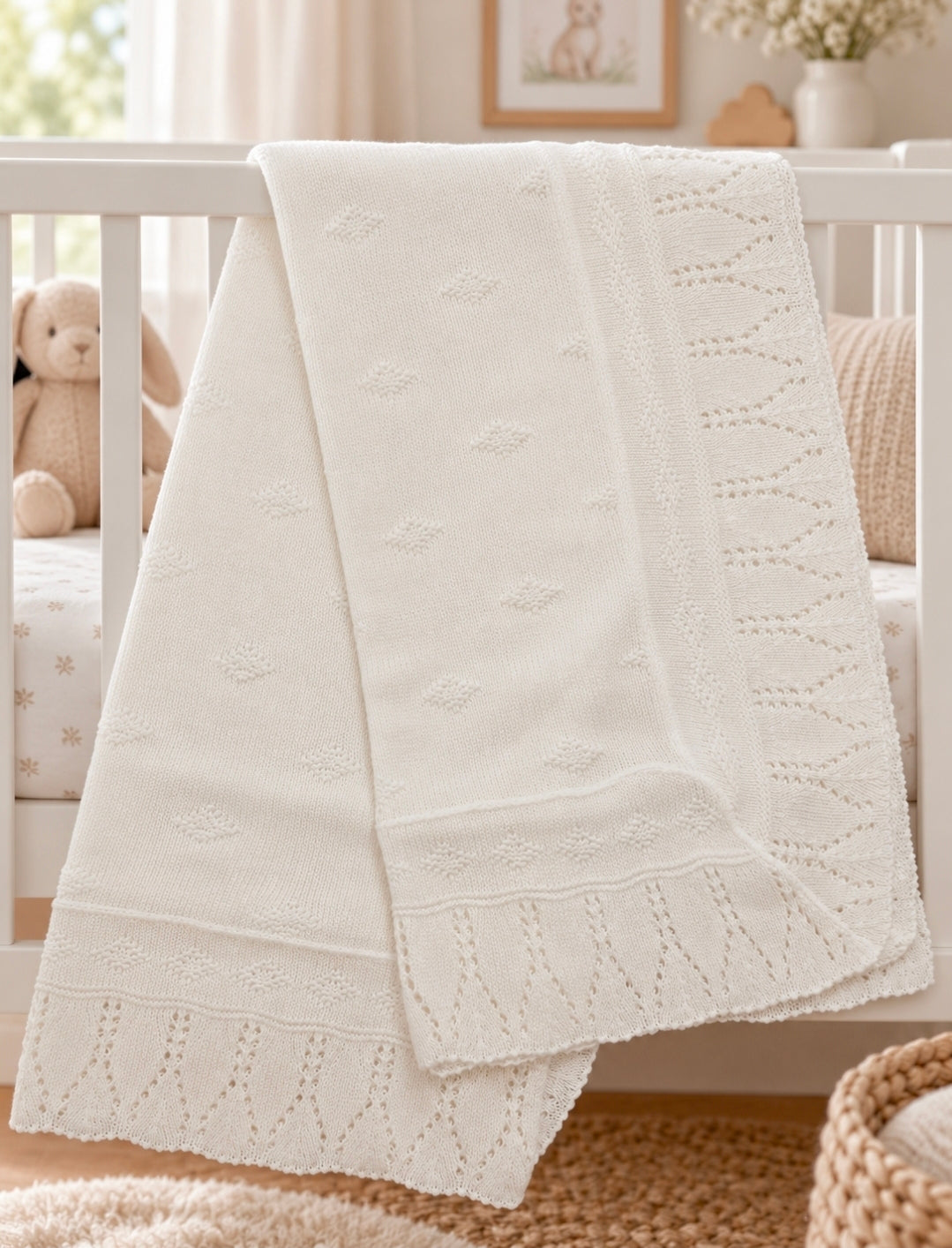 Nana's Special Buys Unisex Baby White Knitted Patterned Edge Shawl