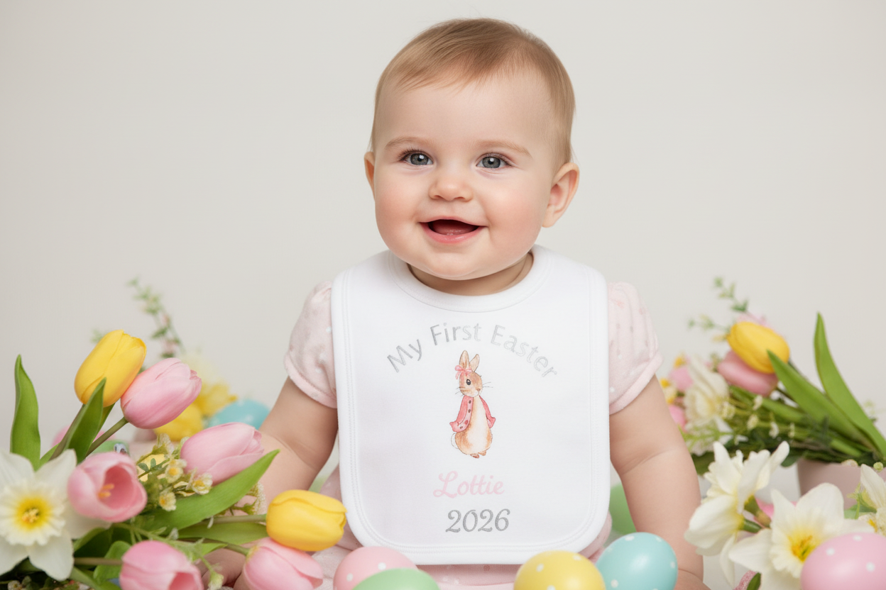 Baby Girls Personalised My First Easter Pink Rabbit Bib