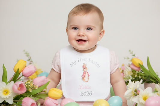 Baby Girls Personalised My First Easter Pink Rabbit Bib