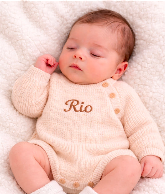 Personalised Unisex Baby Beige Knitted Long Sleeved Romper