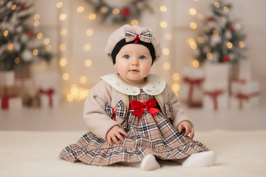 Baby Girls Beige Tartan Dress With Matching Jacket & Hat
