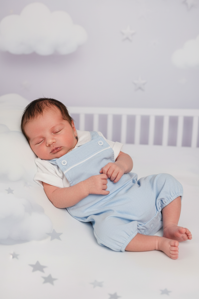 Baby Boys Blue And White 2 Piece Dungaree Romper Set