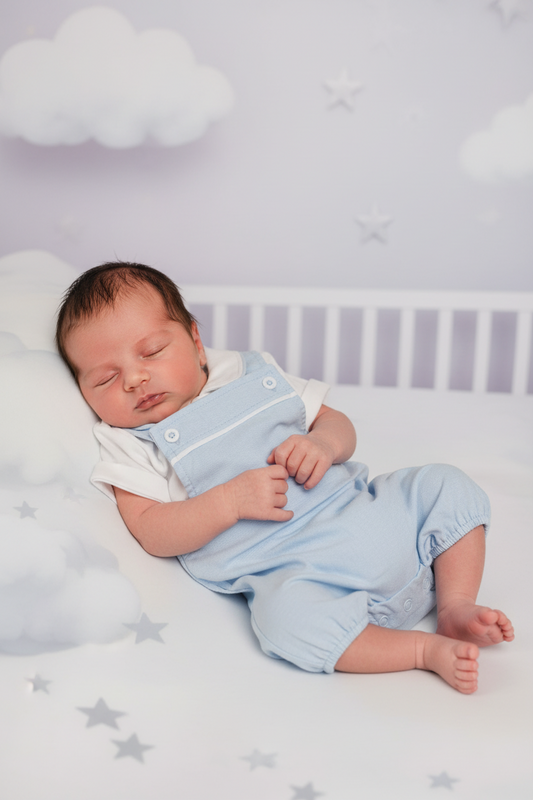 Baby Boys Blue And White 2 Piece Dungaree Romper Set