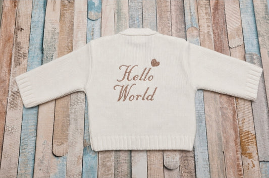 Baby Boys White Cable Knit Cardigan With Hello World Design