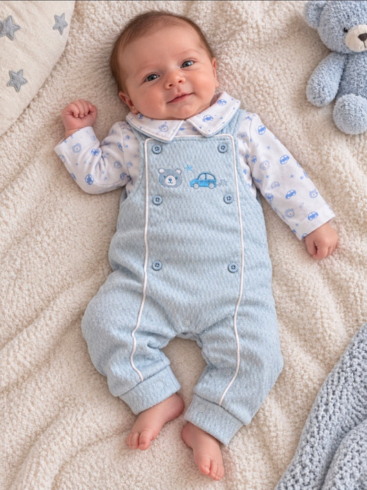 Baby Boys Car And Teddy Dungaree Set With White Trim