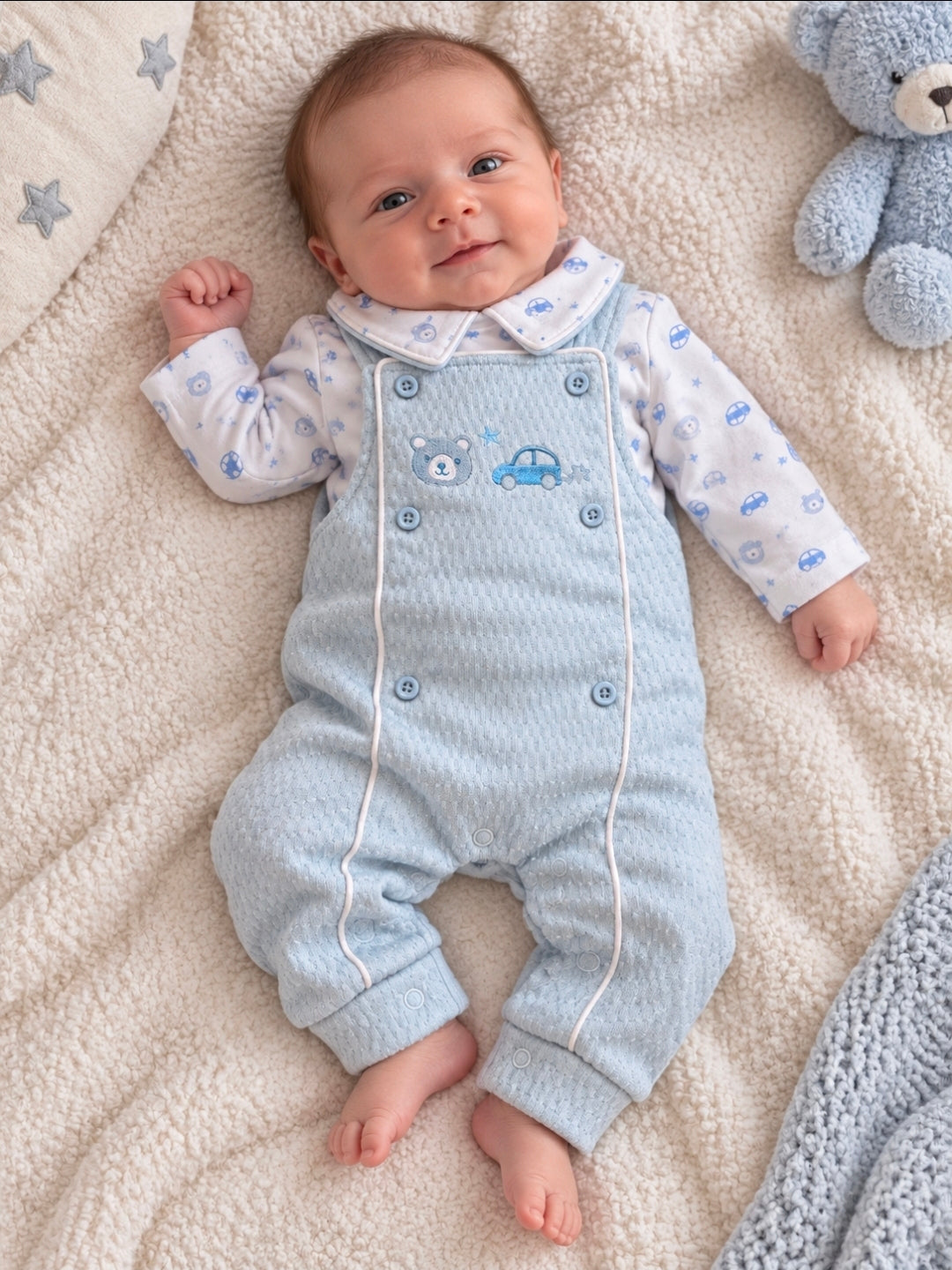 Baby Boys Car And Teddy Dungaree Set With White Trim